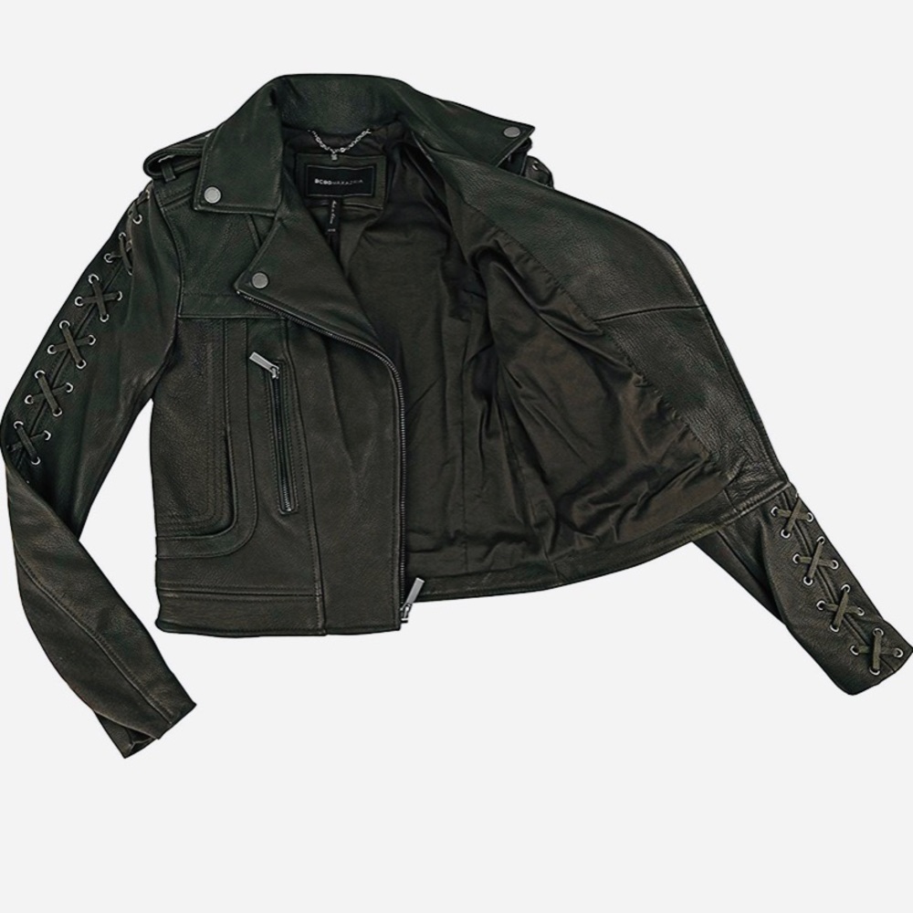 BCBG Max Azria Isa Olive Green Leather Jacket L - Picture 3 of 7